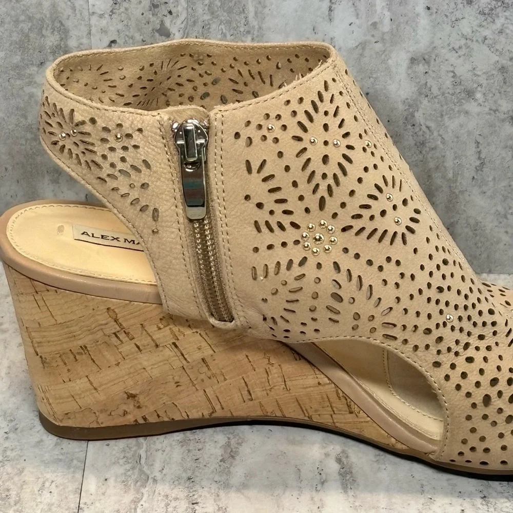 Alex Marie Tan Brown Perforated Leather Studded Zip Wedge Sandals 8M - Picture 8 of 12
